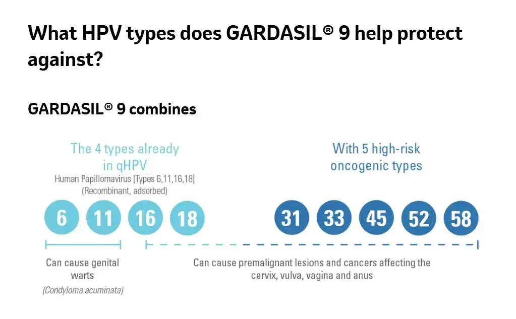 Infographic: what the Gardasil 9 private HPV vaccine protects against, including cervical, anal, throat and head and neck cancers and genital warts